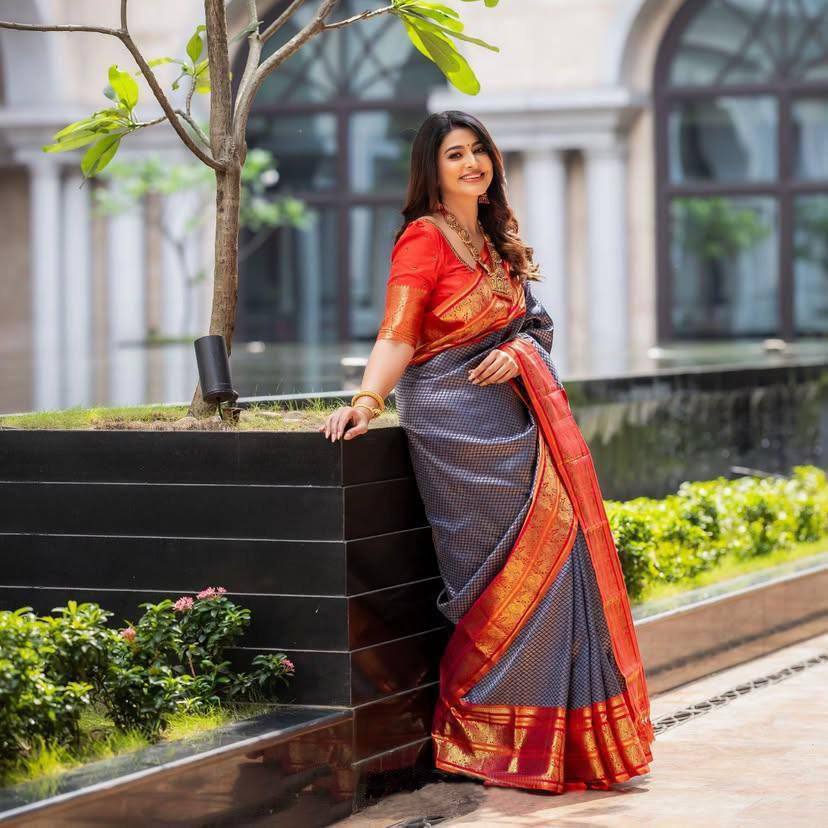 Black Checkered Silk Saree with Red Border and Golden Zari Work