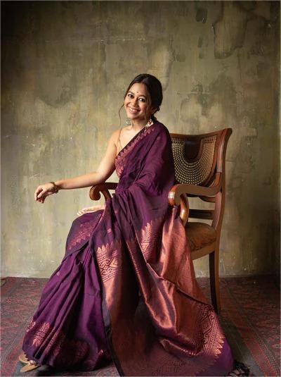 Purple Kanchipuram Silk Saree with Copper Zari Border