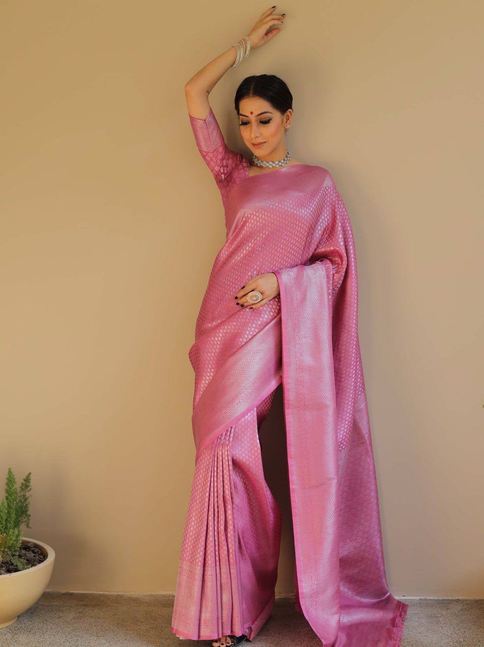 Pink Banarasi Silk Saree with Zari Work
