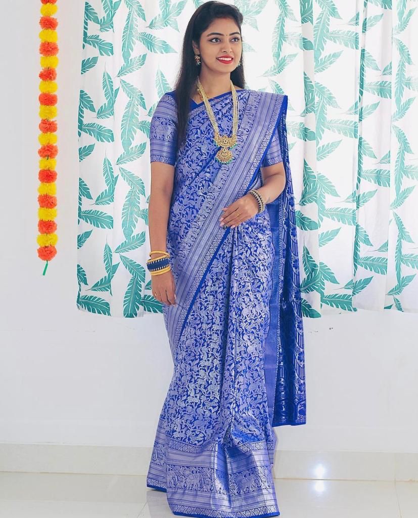 Blue Silk Saree with Intricate Floral Jacquard Work and Traditional Border