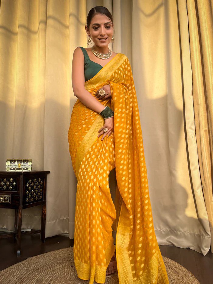 Yellow Banarasi Silk Saree with Green Blouse