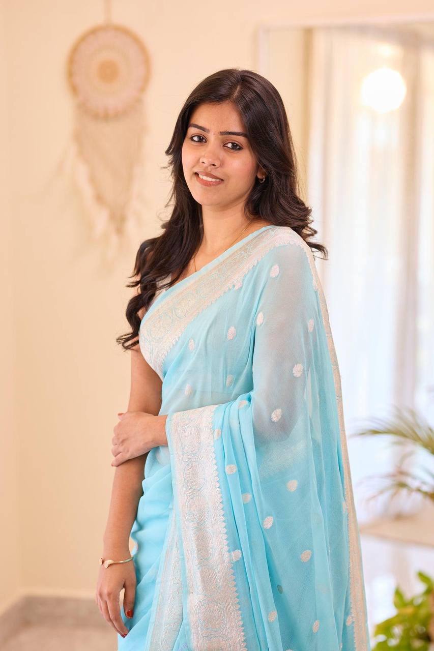 Sky Blue Organza Saree with Silver Border and Polka Dots