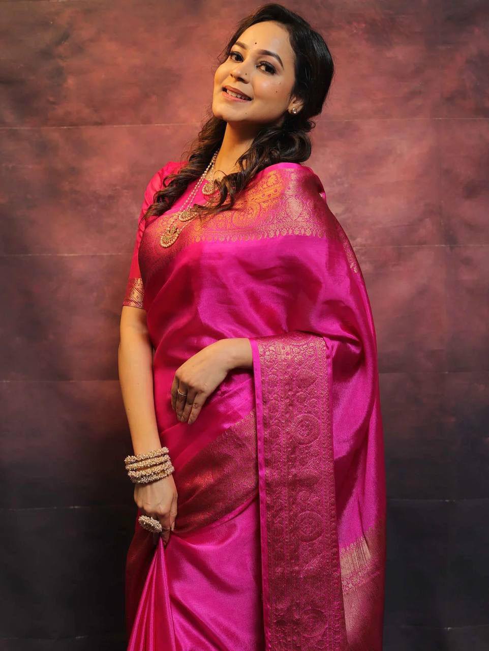 Vibrant Magenta Kanjivaram Silk Saree with Golden Zari Border