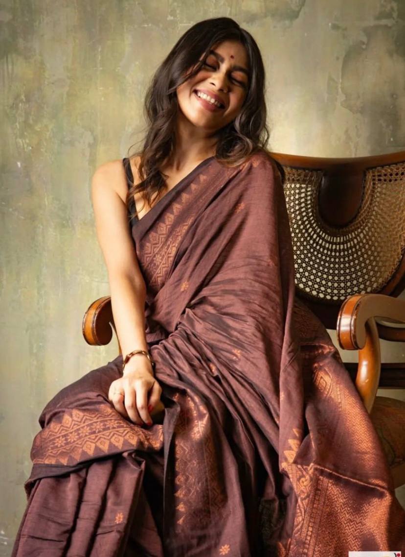 Elegant Chocolate Brown Silk Saree with Golden Zari Border