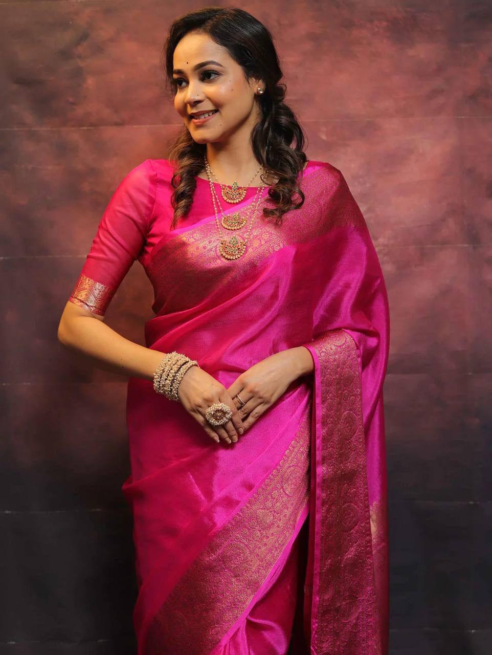 Vibrant Magenta Kanjivaram Silk Saree with Golden Zari Border