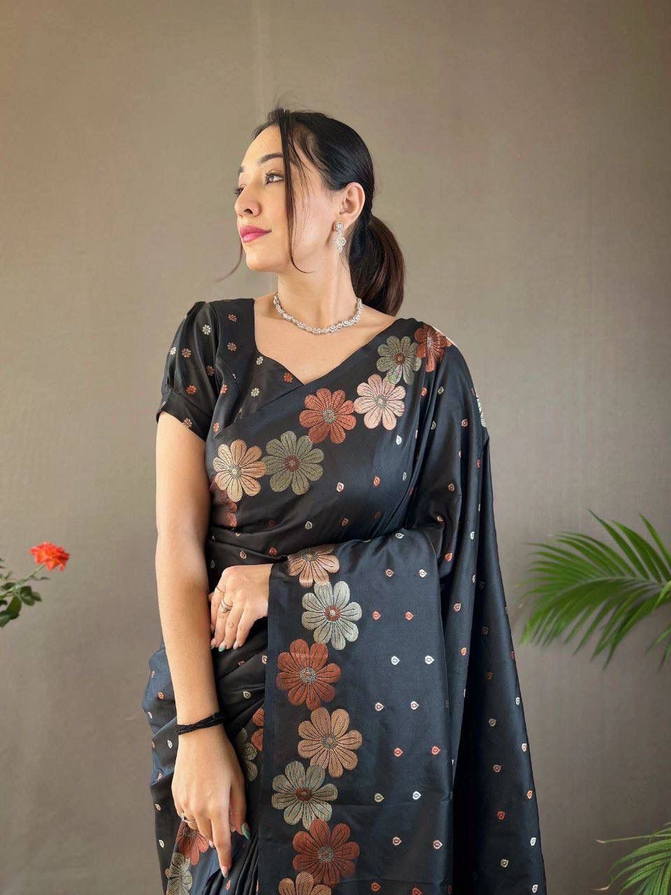 Black Floral Embroidered Saree with Blouse Piece
