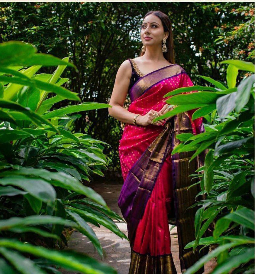 Vibrant Purple and Pink Silk Saree with Zari Border and Matching Blouse Pieces