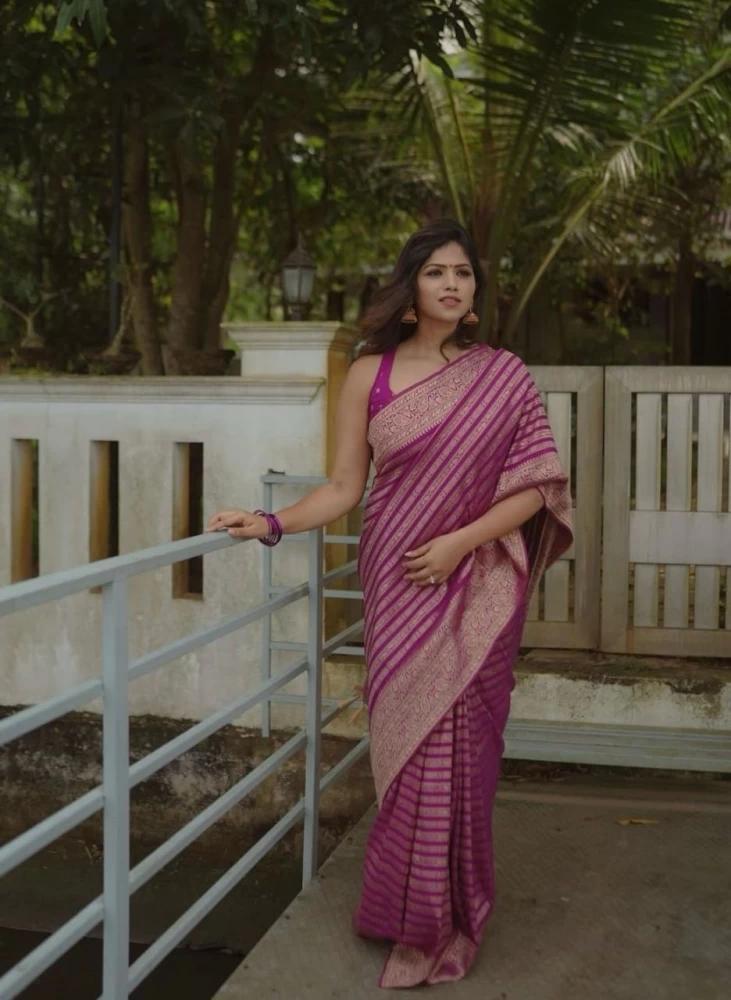 Purple Banarasi Silk Saree with Golden Zari Stripes