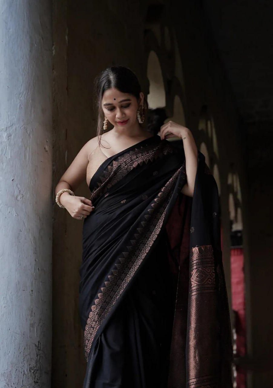 Elegant Black Silk Saree with Copper Zari Border