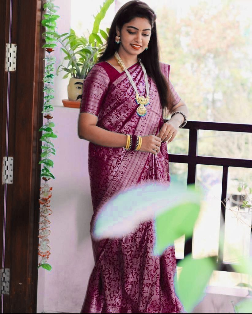 Banarasi Silk Saree with Intricate Woven Design in Wine Purple