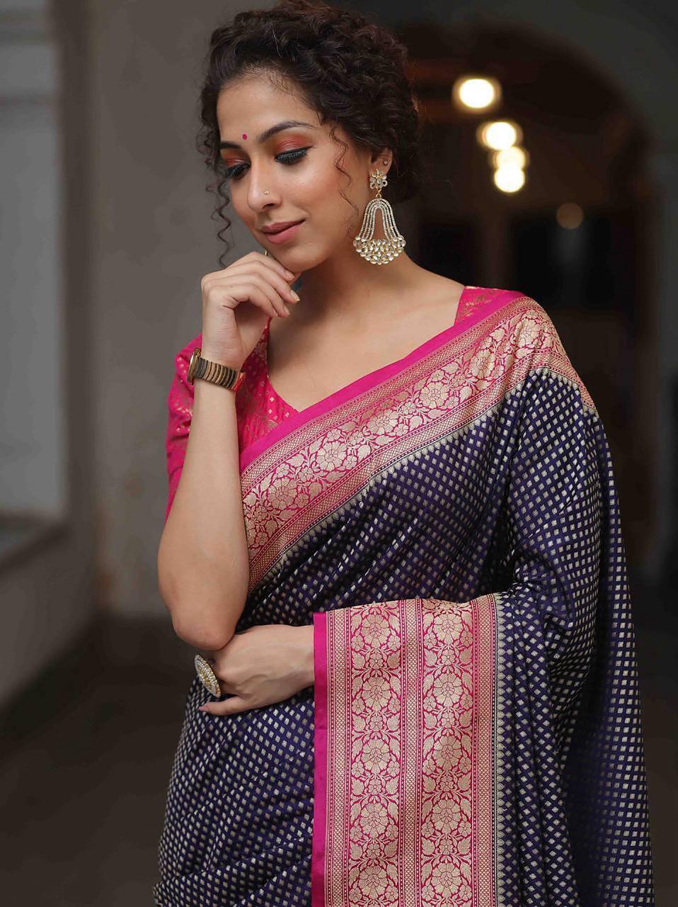 Black Banarasi Silk Saree with Pink Zari Border