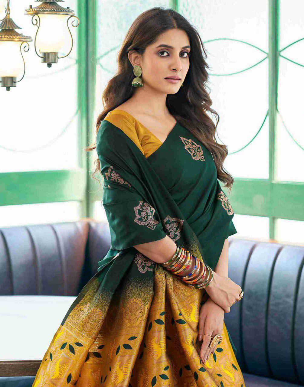 Dark Green Embroidered Silk Saree with Mustard Brocade Border and Embellished Blouse