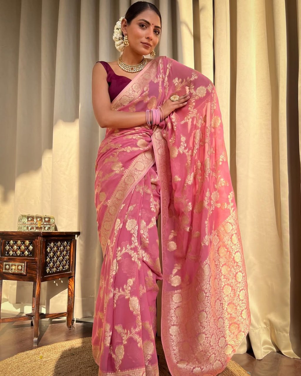 Pink Banarasi Silk Saree with Gold Zari Work and Maroon Blouse