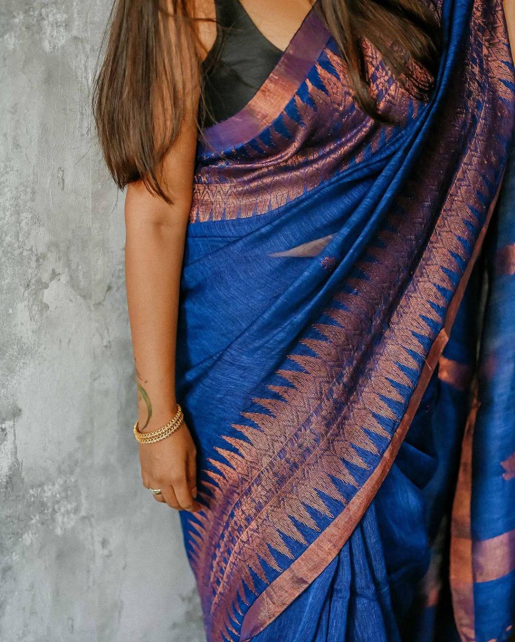 Royal Blue Silk Saree with Pink Zari Buti Work and Contrast Border