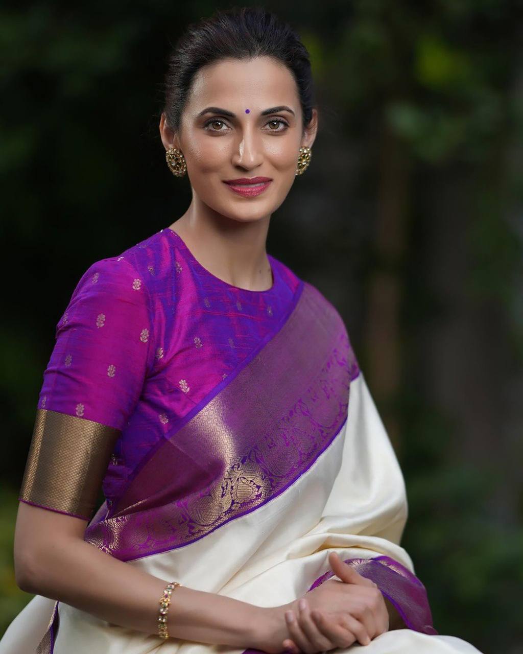 Elegant Off White Silk Saree with Purple Zari Border and Blouse