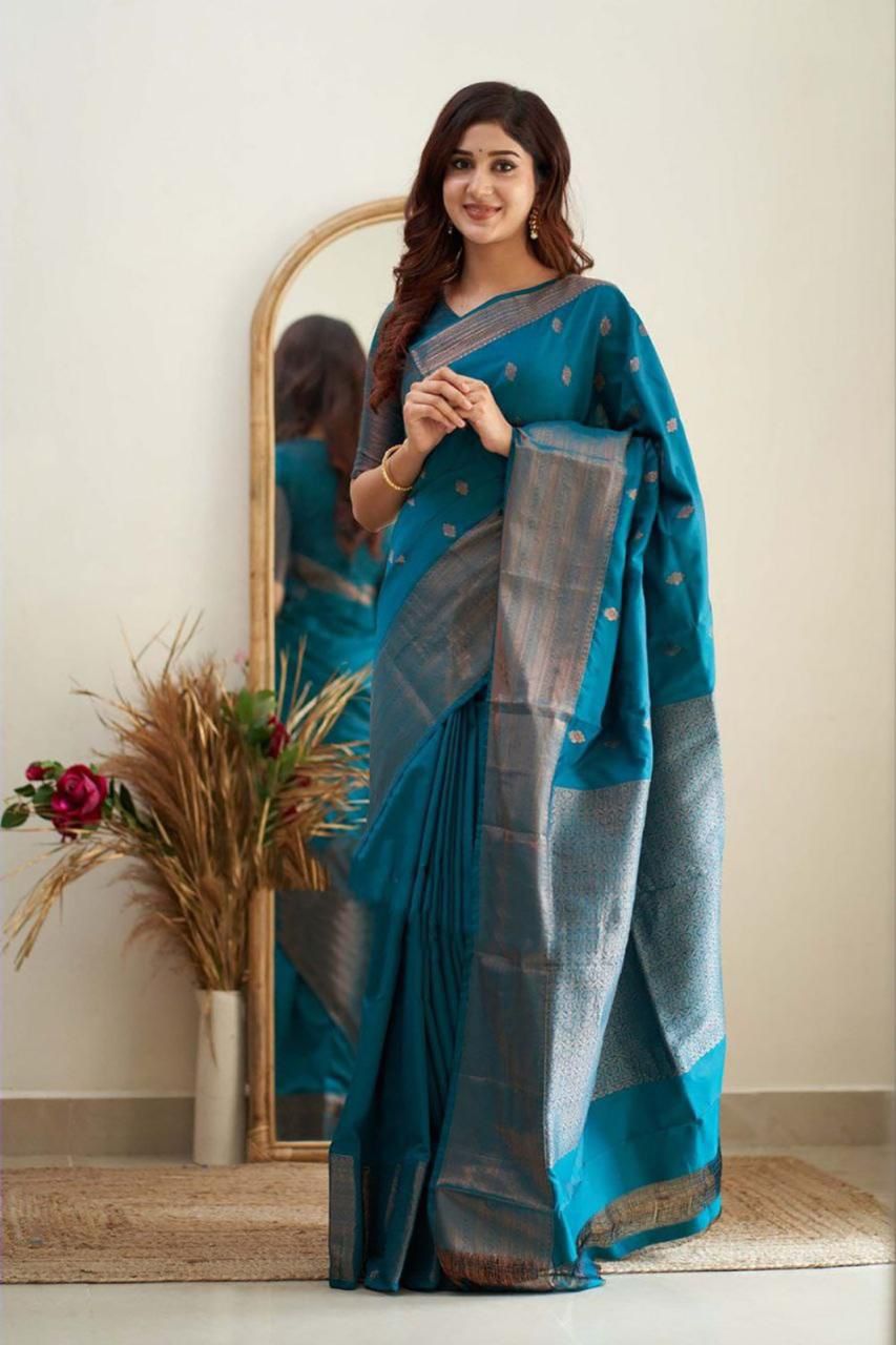 Teal Blue Silk Saree with Silver Zari Border and Brocade Blouse