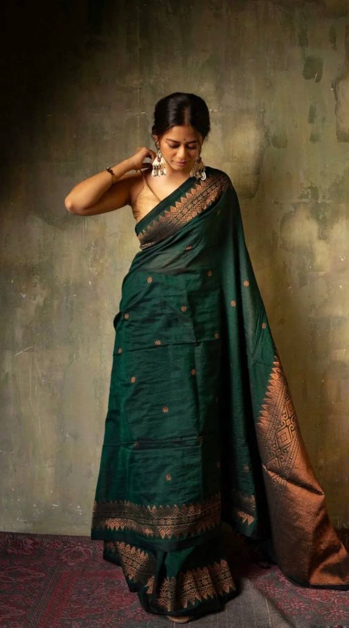 Women's Handloom Silk Saree with Woven Border in Deep Green and Bronze