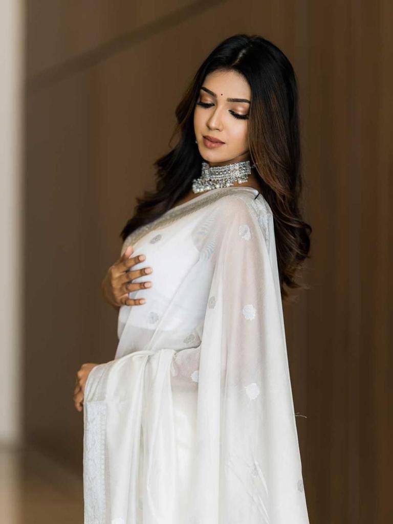 Elegant White Organza Saree with Silver Embellishments