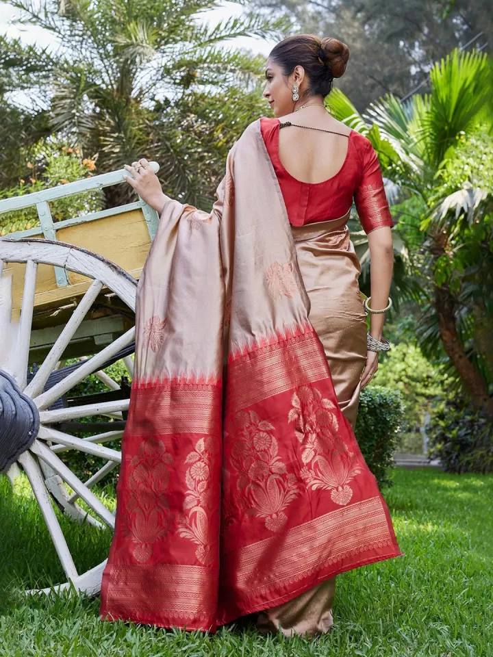 Elegant Beige and Red Silk Saree with Zari Work