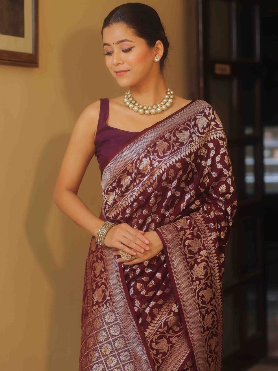 Burgundy Banarasi Silk Saree with Floral Zari Work