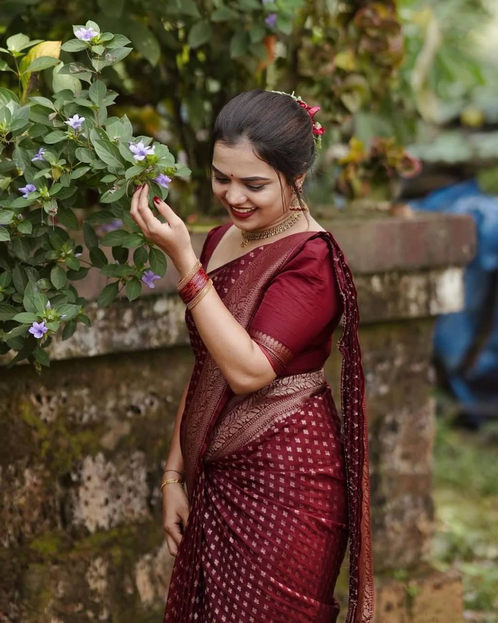 Maroon Banarasi Silk Saree with Gold Zari Work
