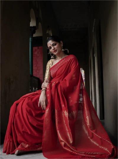 Elegant Red Silk Saree with Golden Border