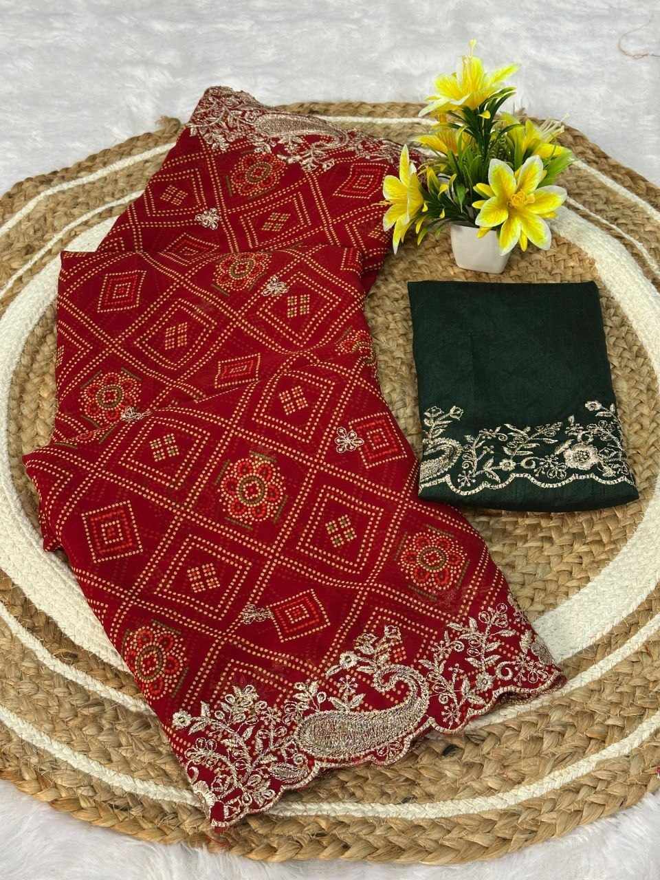 Women's Red Georgette Bandhej Print Embroidered Saree with Contrast Green Mono Silk Blouse