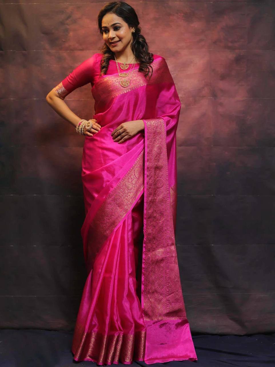 Vibrant Magenta Kanjivaram Silk Saree with Golden Zari Border