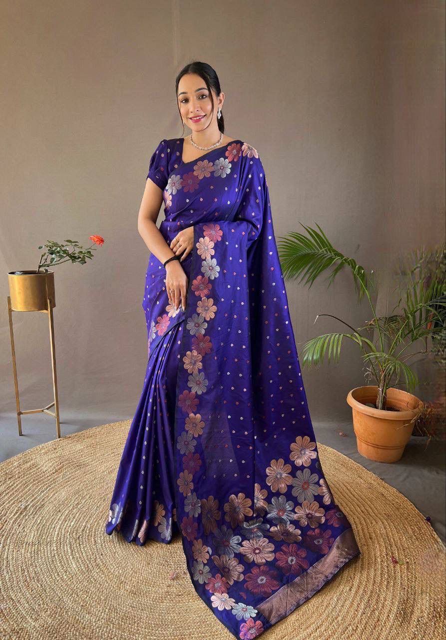 Royal Blue Floral Woven Silk Saree with Embroidered Border