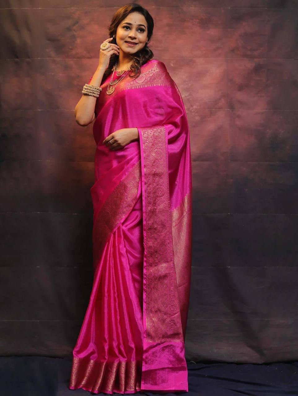 Vibrant Magenta Kanjivaram Silk Saree with Golden Zari Border