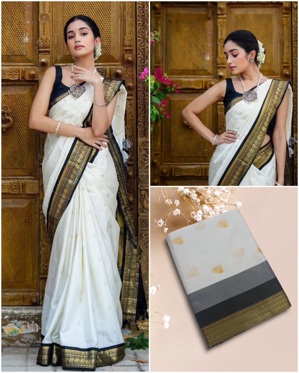 Elegant White Silk Saree with Black and Gold Border