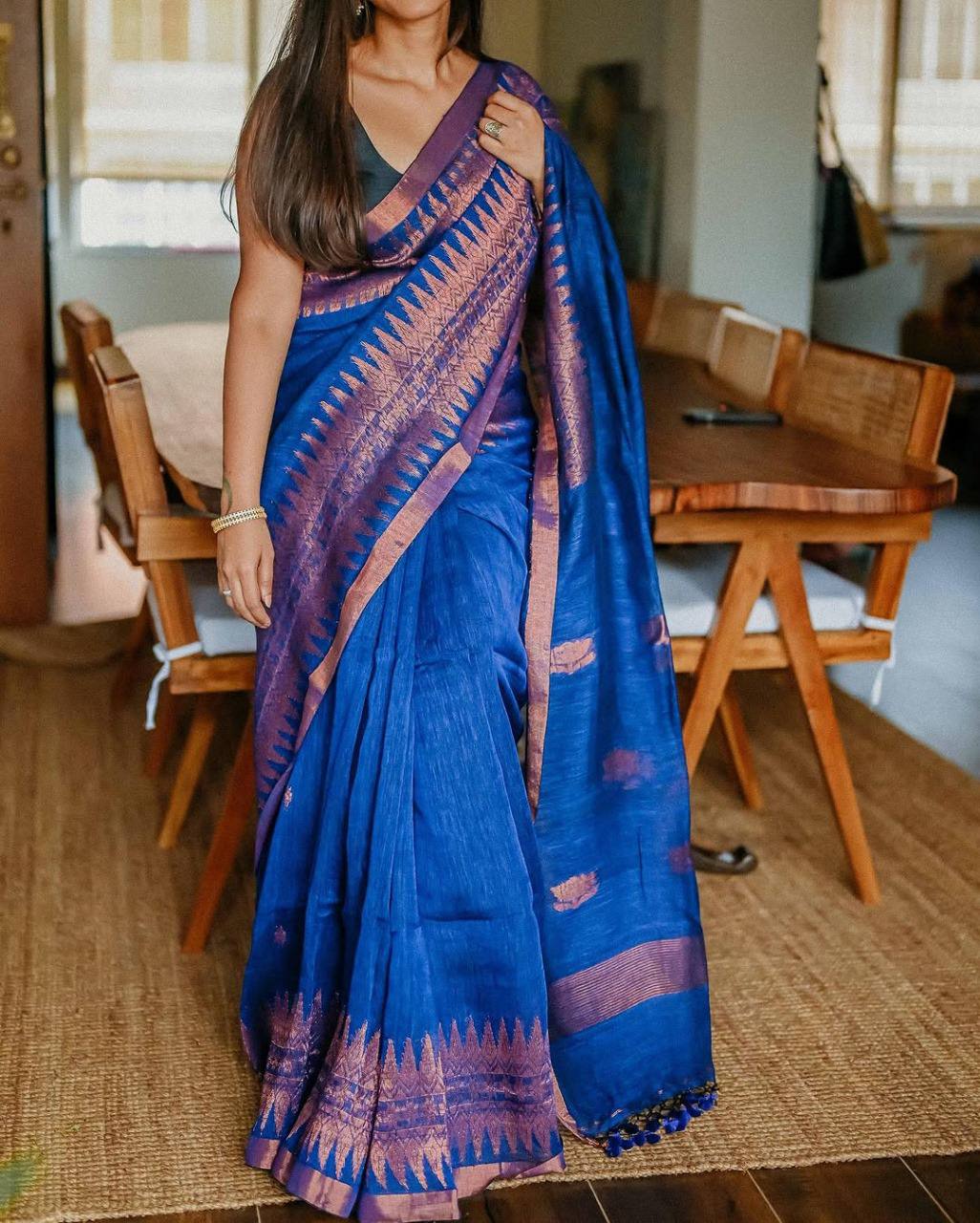 Royal Blue Silk Saree with Pink Zari Buti Work and Contrast Border