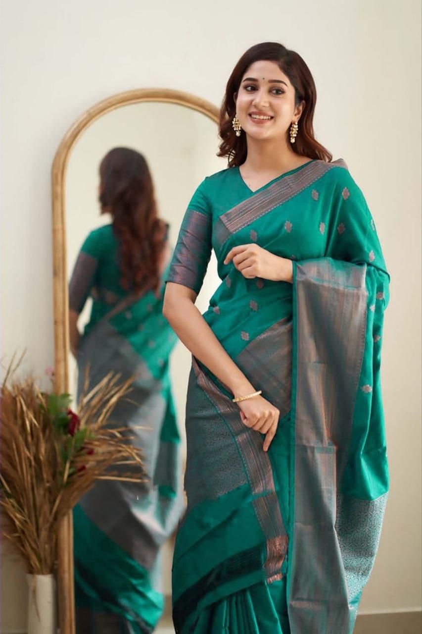 Elegant Green Silk Saree with Grey Border and Butta Work
