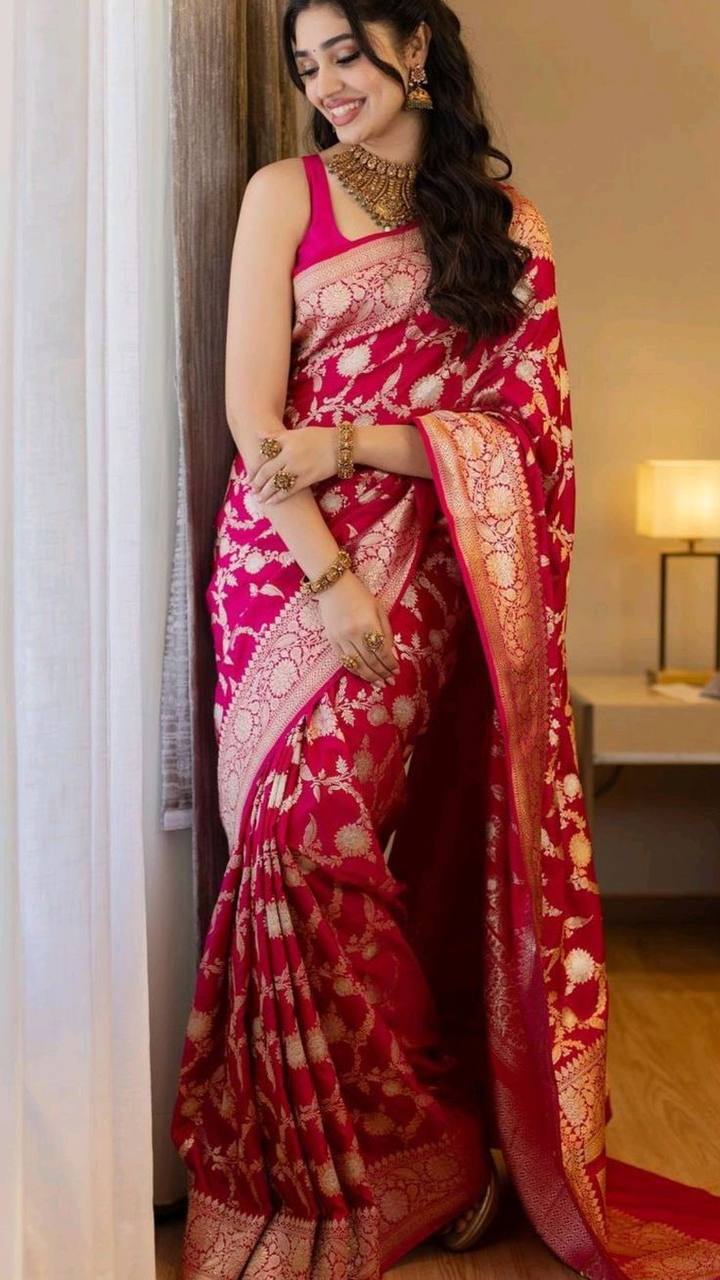 Traditional Red Banarasi Silk Saree with Gold Zari Work