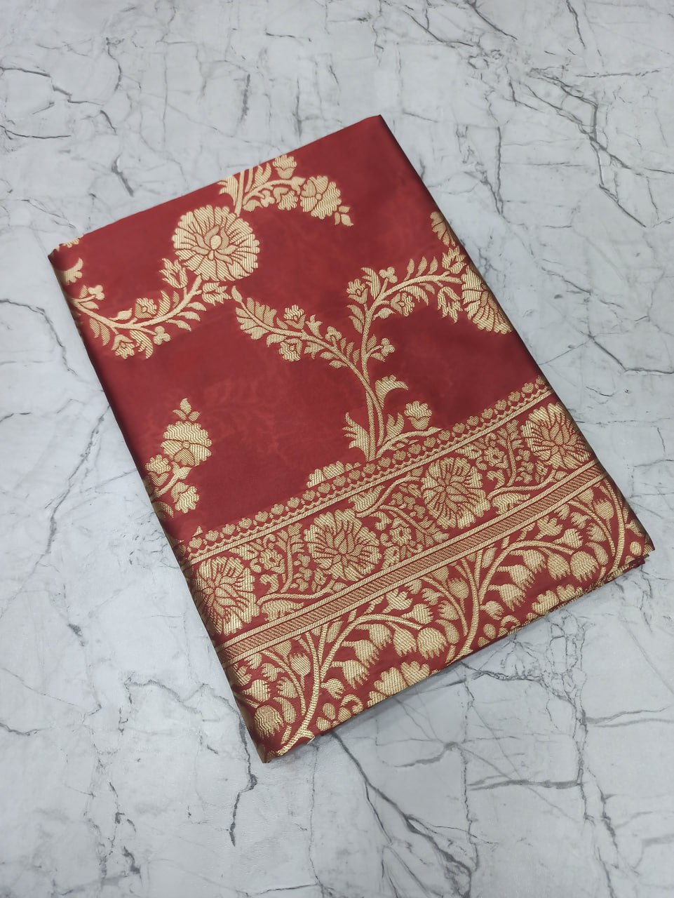 Maroon Banarasi Silk Saree with Golden Floral Embroidery and Purple Blouse