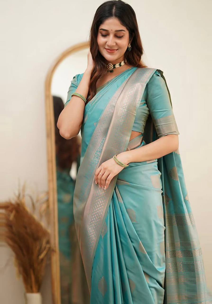 Turquoise Blue Silk Saree with Golden Zari Border