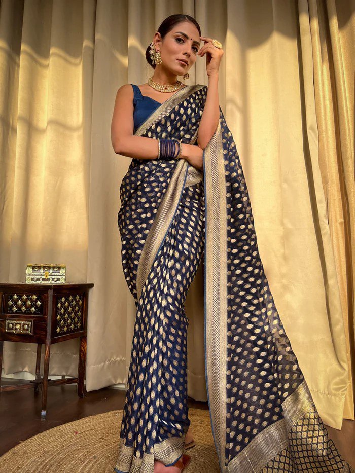 Navy Blue Banarasi Silk Saree with Golden Zari Weaving and Border