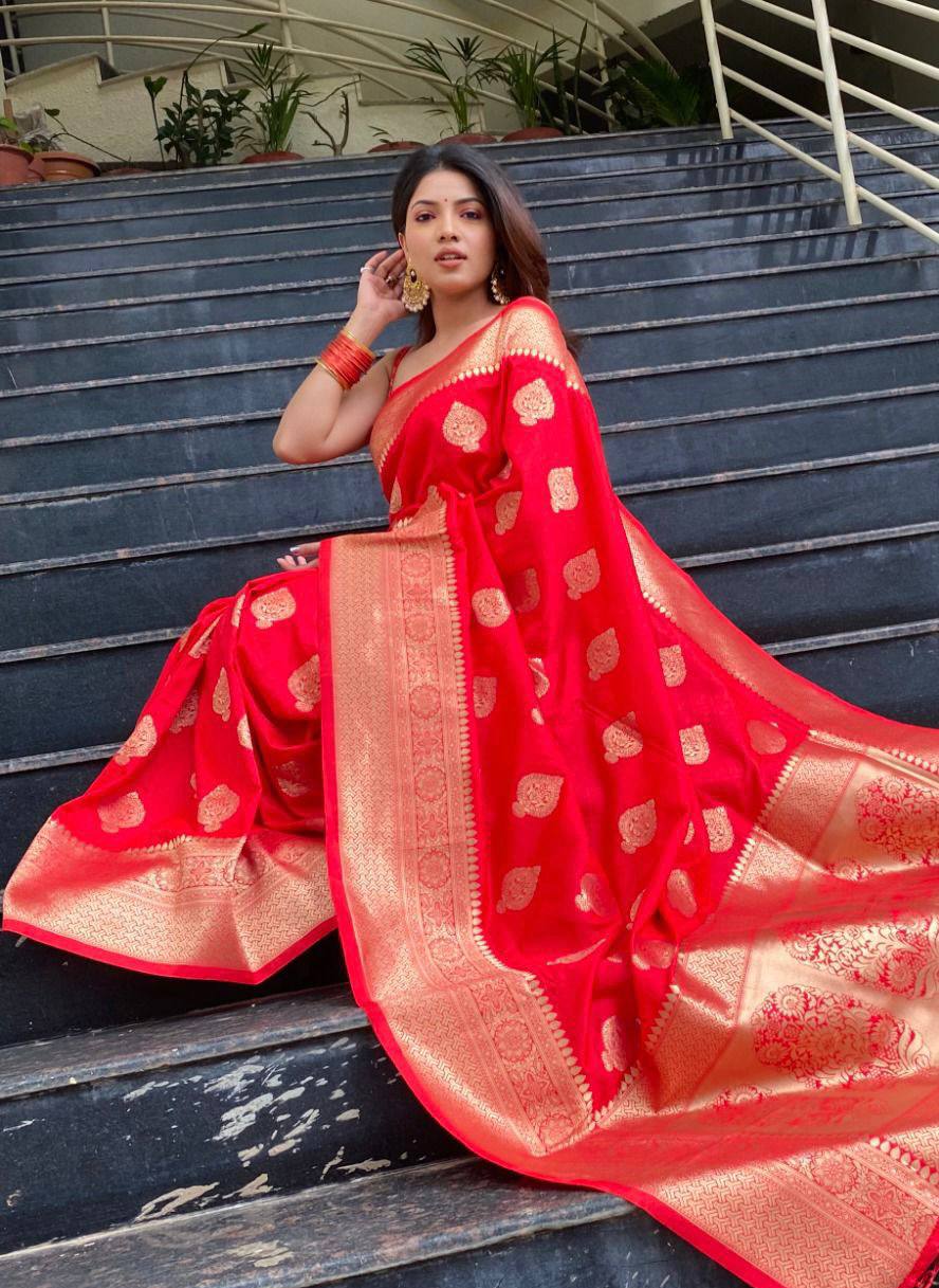 Traditional Red Banarasi Silk Saree with Golden Brocade Work