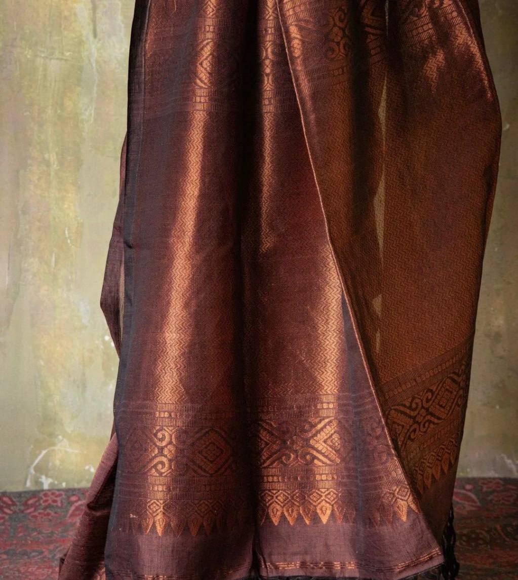 Elegant Chocolate Brown Silk Saree with Golden Zari Border