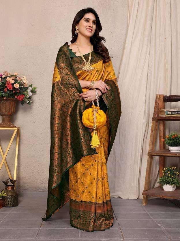Mustard Yellow and Green Silk Saree with Woven Border