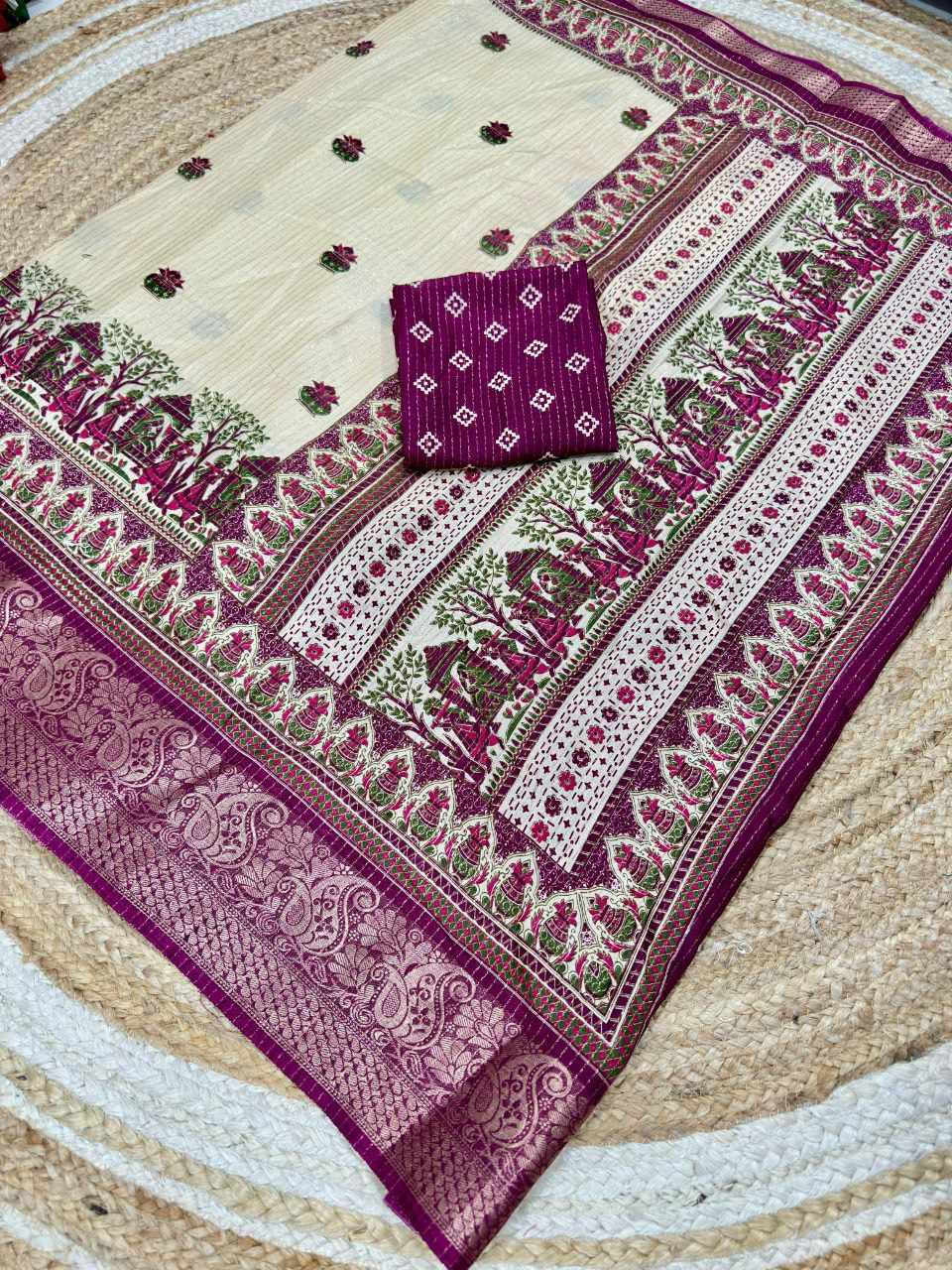 Women's Wine Dola Zari Saree with Kalash Motif, Traditional Woven Border & Unstitched Blouse