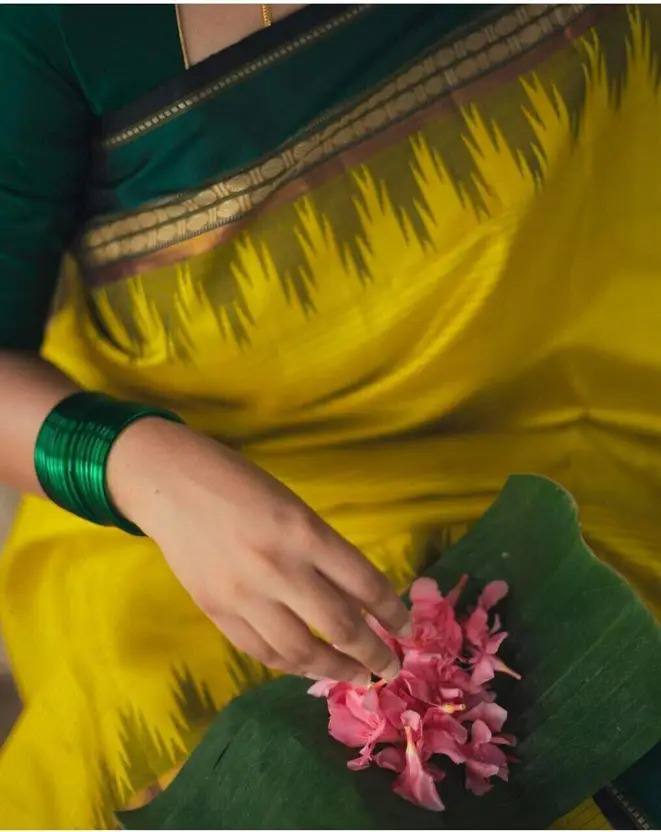 Yellow and Green Temple Border Silk Saree