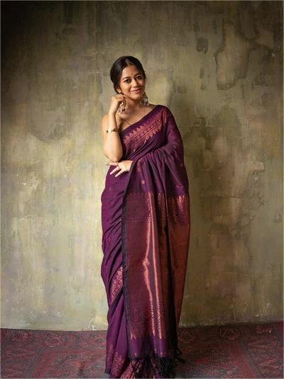 Purple Kanchipuram Silk Saree with Copper Zari Border