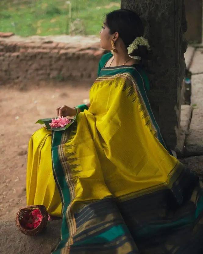 Yellow and Green Temple Border Silk Saree