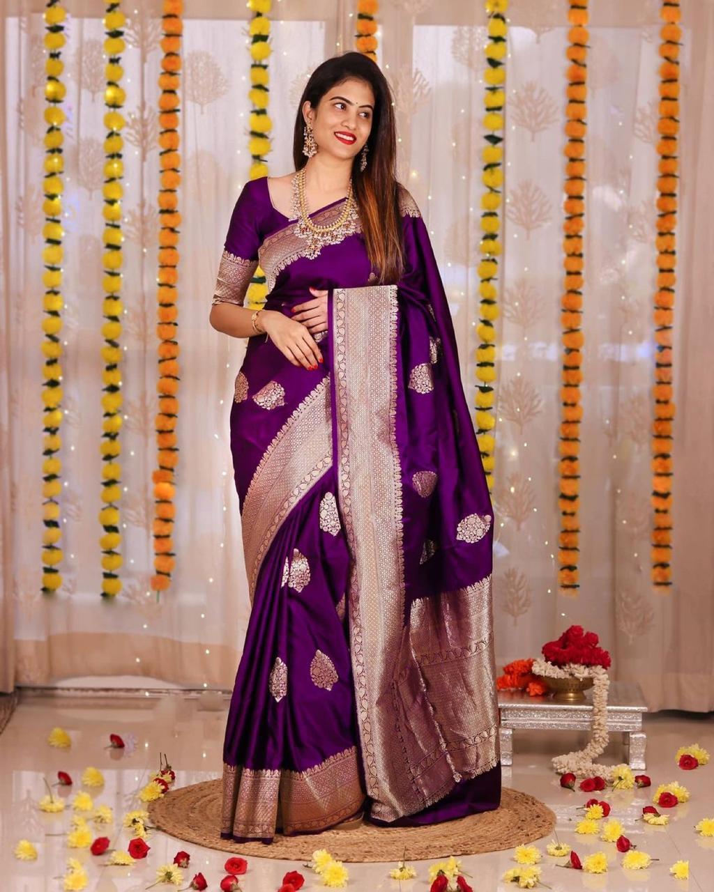 Purple Banarasi Silk Saree with Golden Zari Work