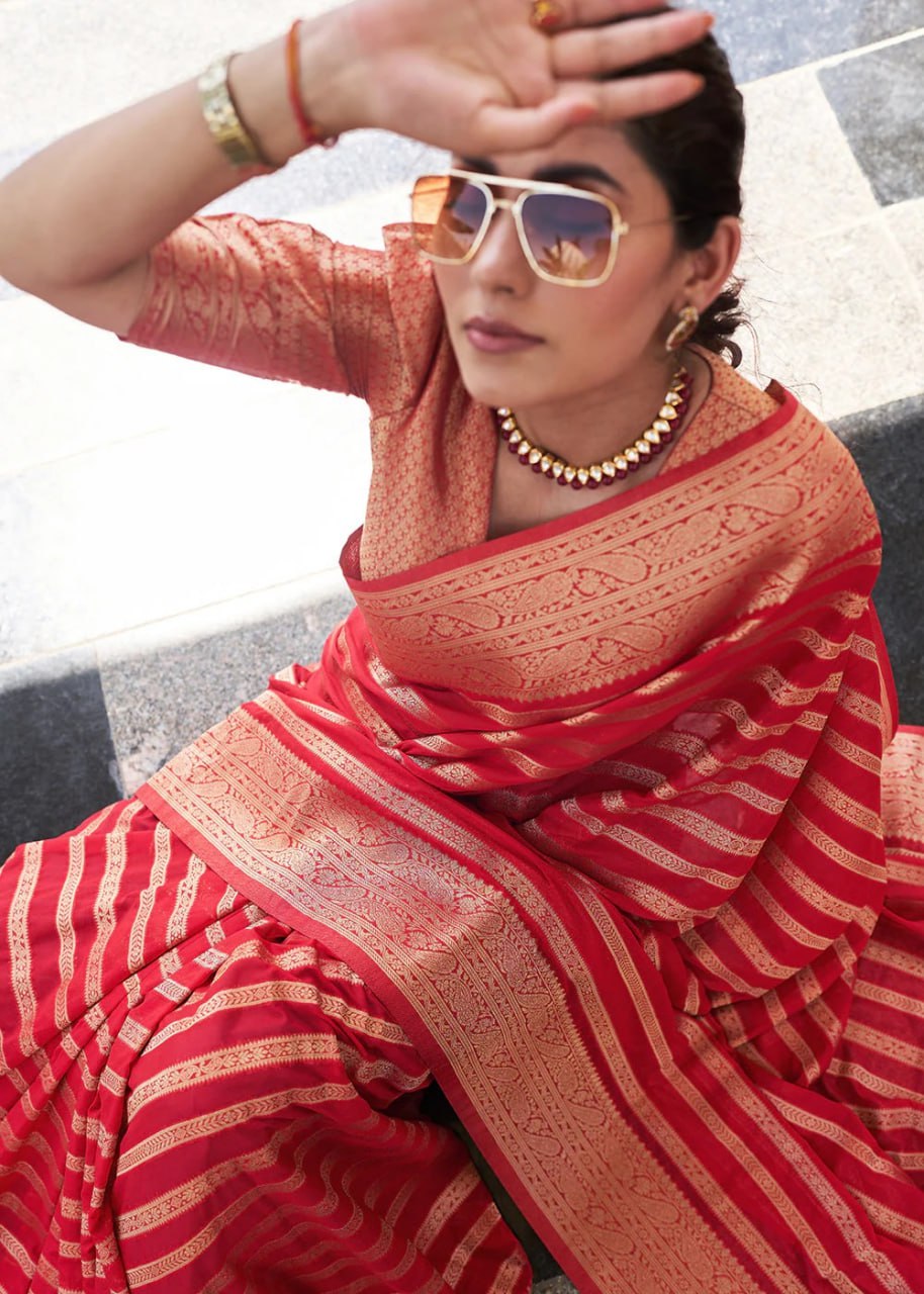 Red Banarasi Silk Saree with Golden Zari Stripes and Woven Border