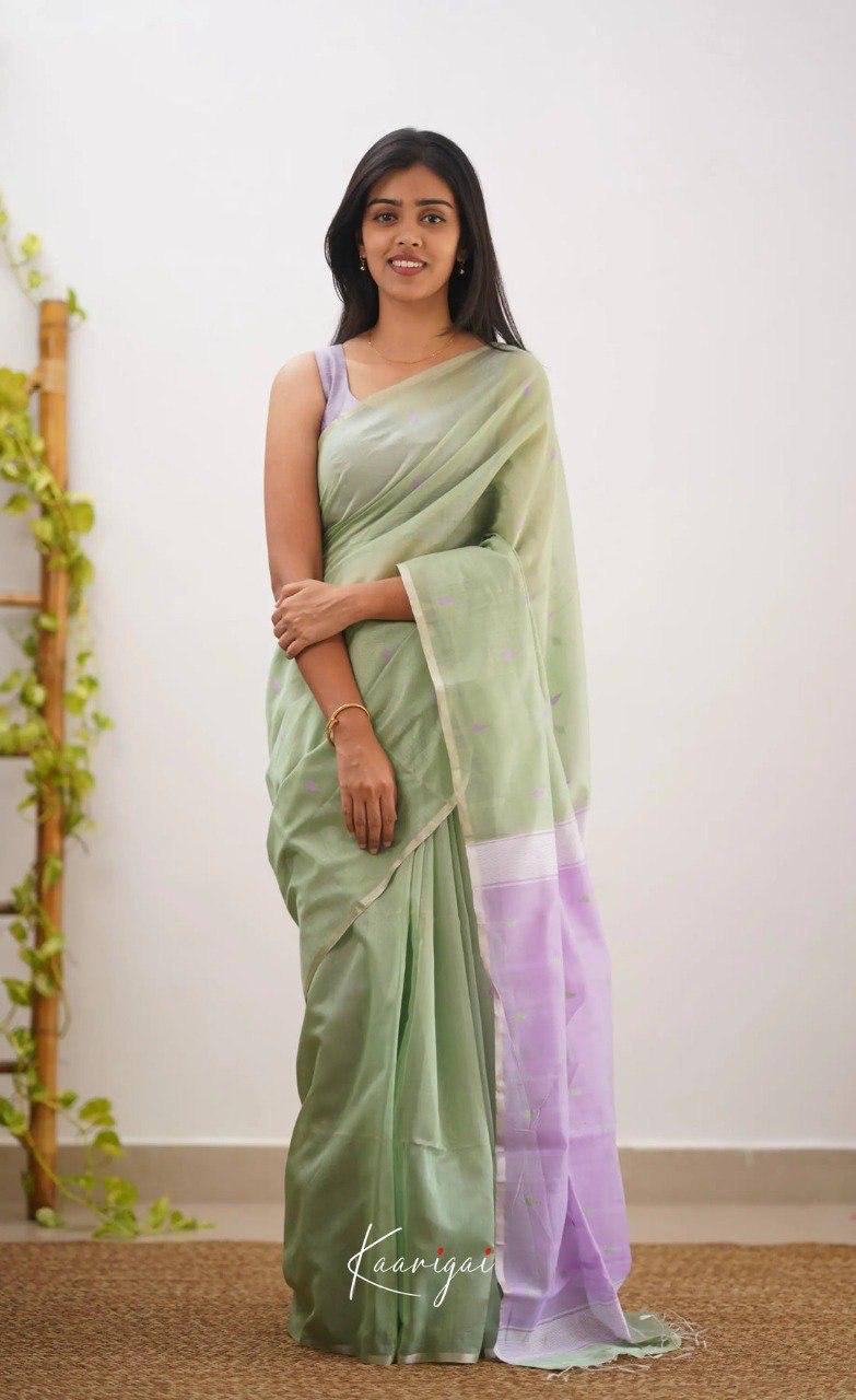 Pastel Green Linen Saree with Lavender Border