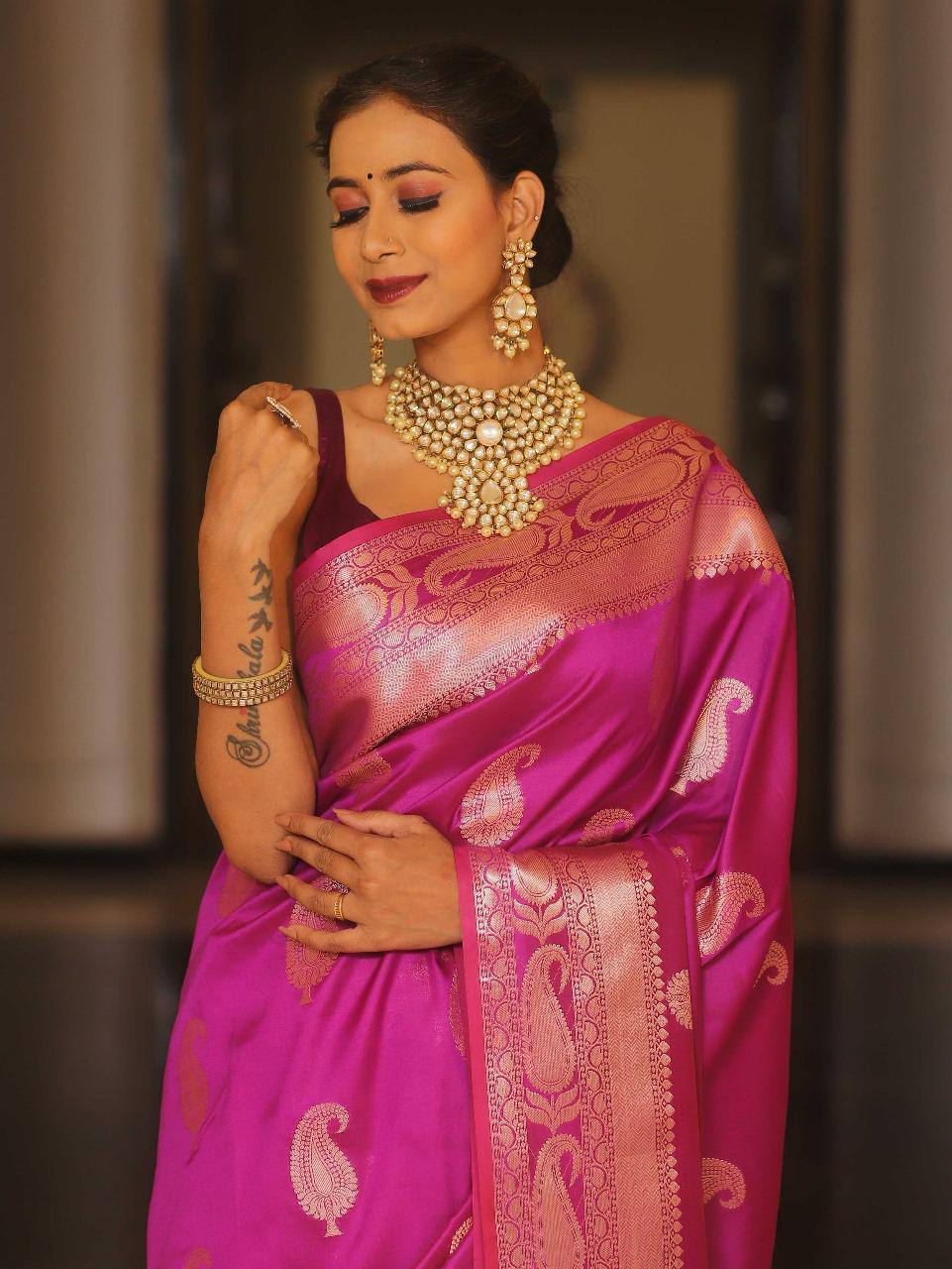 Banarasi Silk Saree in Magenta Pink with Zari Work