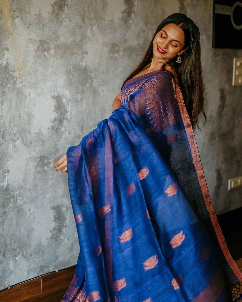 Royal Blue Silk Saree with Pink Zari Buti Work and Contrast Border