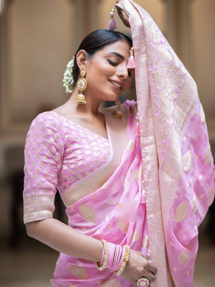 Pink Banarasi Silk Saree with Golden Zari Work and Embroidered Blouse